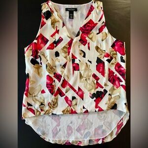 White House Black Market Red and Gold Abstract Stretch Silk Blouse